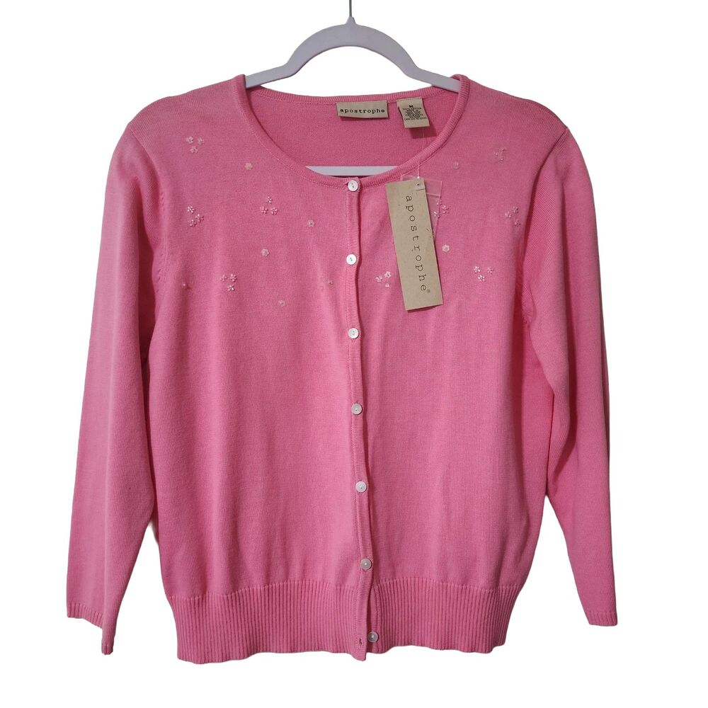 Vintage NWT Apostrophe Sears Womens M Pink Beaded Cotton Knit Cardigan Hong Kong